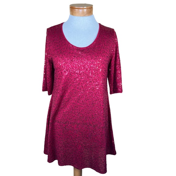 Eileen Fisher Women’s Festive Cranberry Red Silk Sequin Holiday Tunic PM EUC - Picture 3 of 11